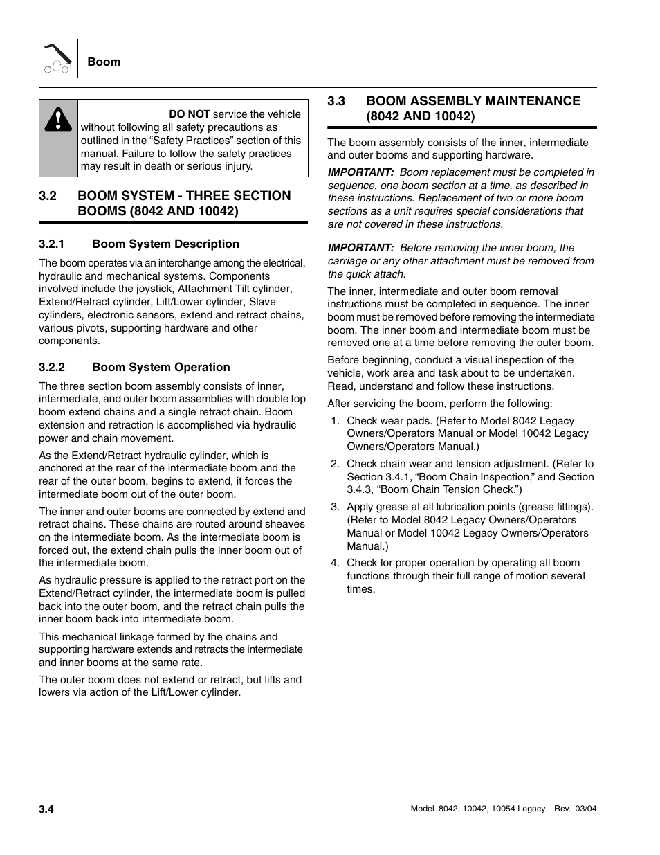 1 boom system description, 2 boom system operation, 3 boom assembly maintenance (8042 and 10042) | Boom system - three section booms (8042 and 10042), Boom assembly maintenance (8042 and 10042), Boom system description, Boom system operation, Warning | SkyTrak 8042 Service Manual User Manual | Page 65 / 906