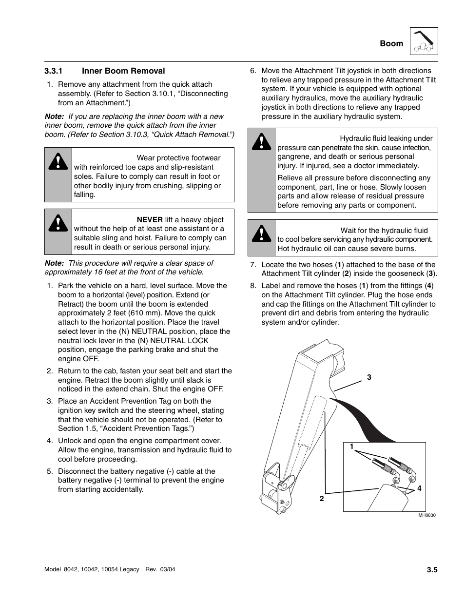 1 inner boom removal, Inner boom removal, Warning | SkyTrak 8042 Service Manual User Manual | Page 66 / 906