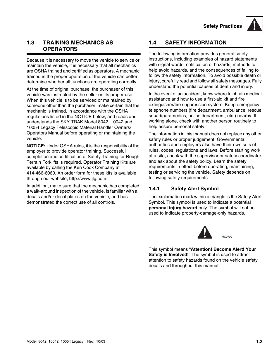 3 training mechanics as operators, 4 safety information, 1 safety alert symbol | Training mechanics as operators, Safety information, Safety alert symbol | SkyTrak 8042 Service Manual User Manual | Page 8 / 906