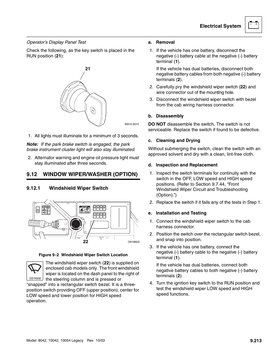 12 window wiper/washer (option), 1 windshield wiper switch, Window wiper/washer (option) | Window wiper/washer (option) 9.12.1, Windshield wiper switch | SkyTrak 8042 Service Manual User Manual | Page 804 / 906