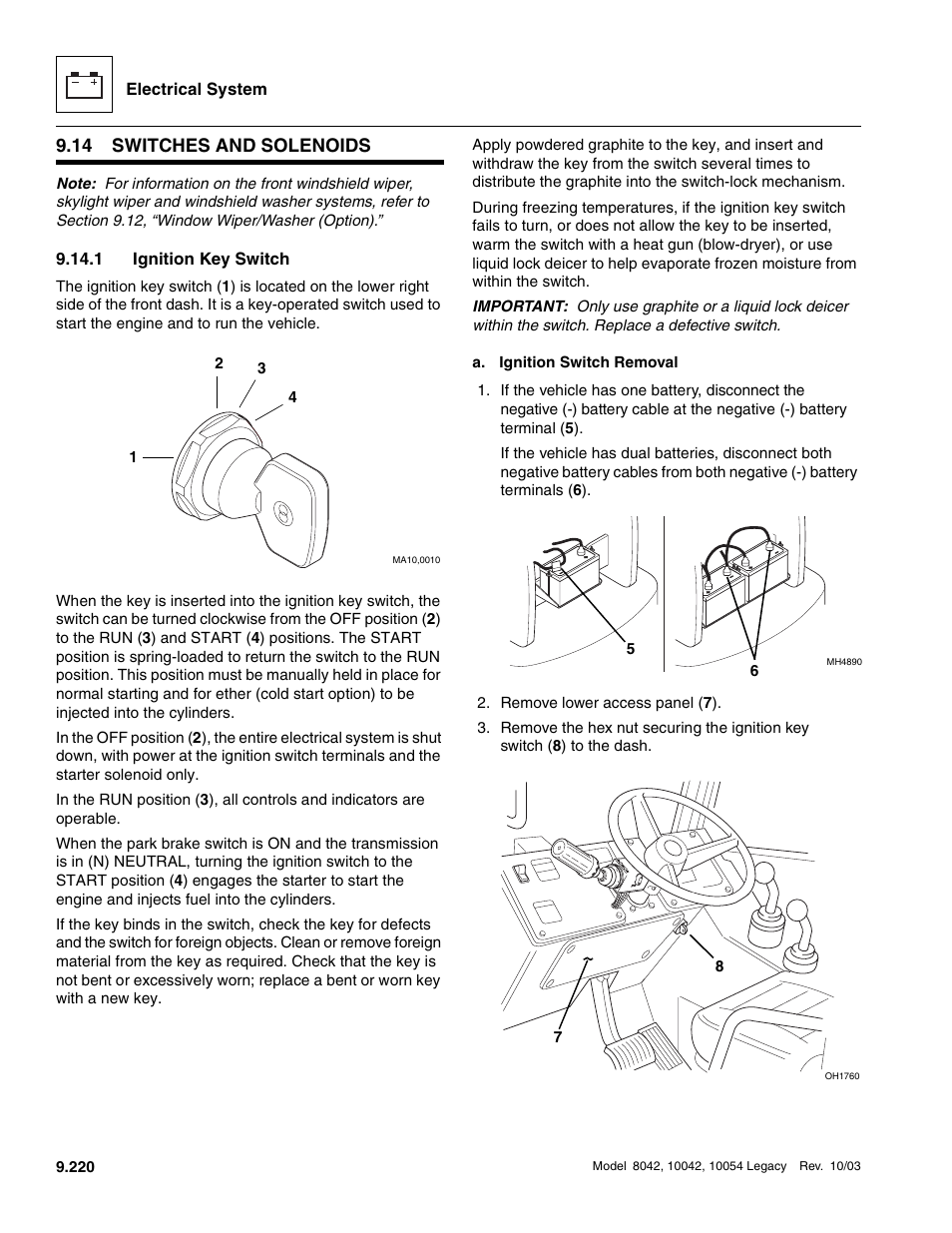 14 switches and solenoids, 1 ignition key switch, Switches and solenoids | R to section 9.14, Nd section, 14, “switches and solenoids, Tion, Switches and solenoids 9.14.1, Ignition key switch | SkyTrak 8042 Service Manual User Manual | Page 811 / 906