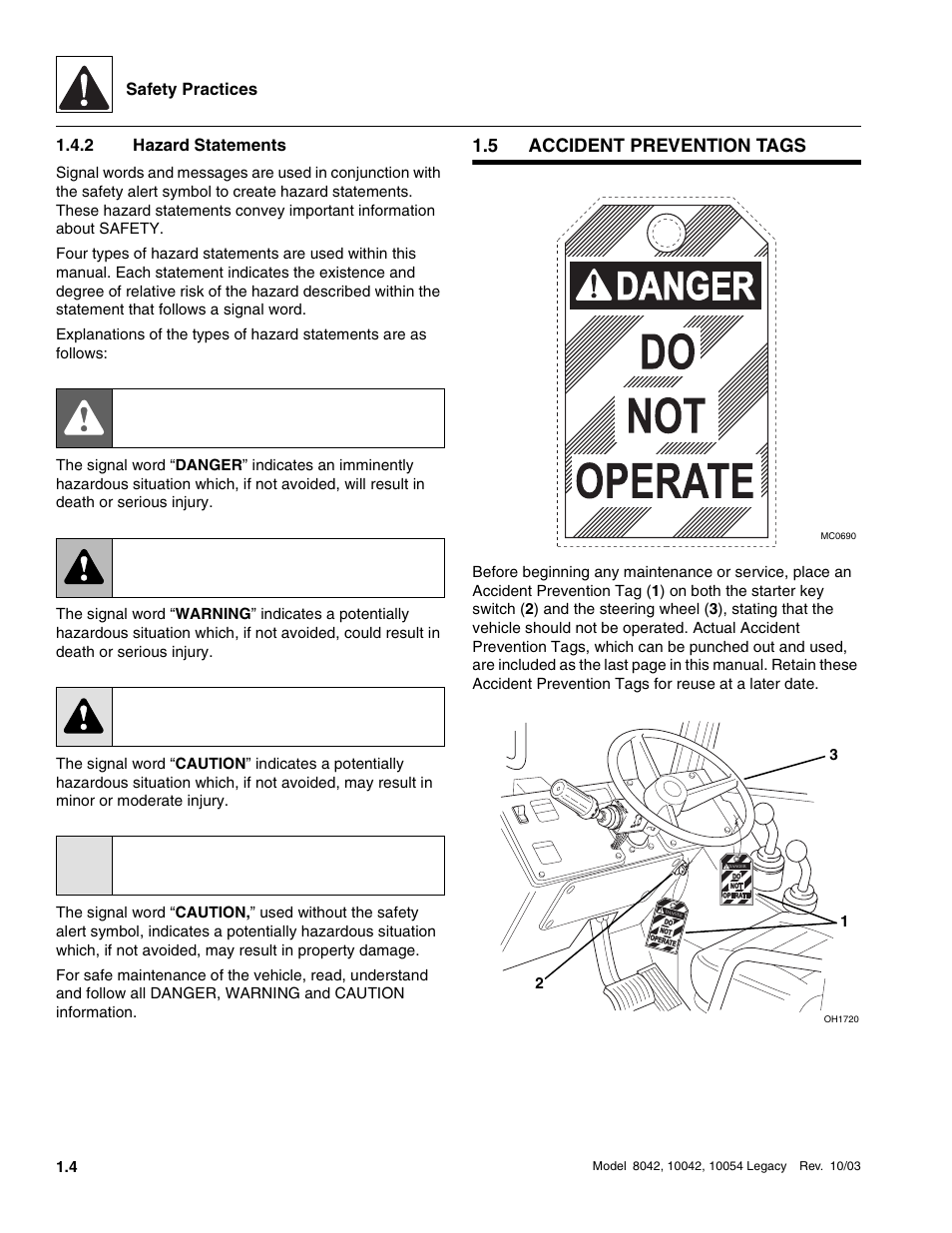2 hazard statements, 5 accident prevention tags, Accident prevention tags | Hazard statements, Danger: warning: caution: caution | SkyTrak 8042 Service Manual User Manual | Page 9 / 906