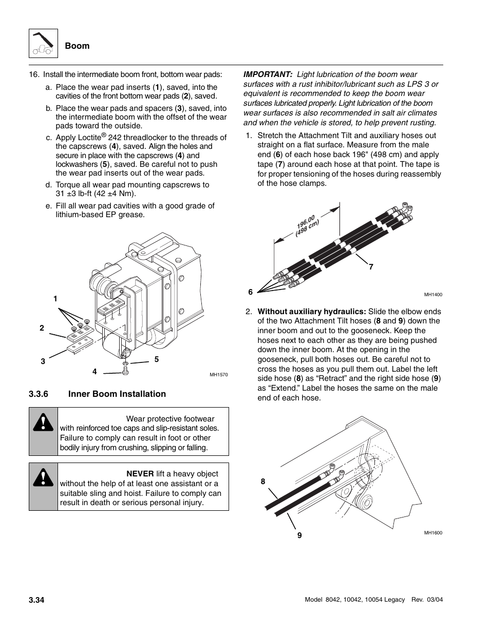 6 inner boom installation, Inner boom installation, To section 3.3.6, “inner boom installation.”) | Warning | SkyTrak 8042 Service Manual User Manual | Page 95 / 906