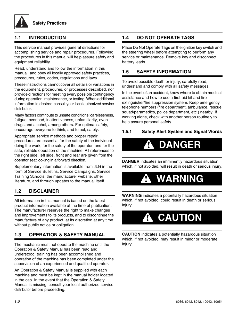 1 introduction, 2 disclaimer, 3 operation & safety manual | 4 do not operate tags, 5 safety information, 1 safety alert system and signal words, Introduction, Disclaimer, Operation & safety manual, Do not operate tags | SkyTrak 6036 Service Manual User Manual | Page 10 / 276