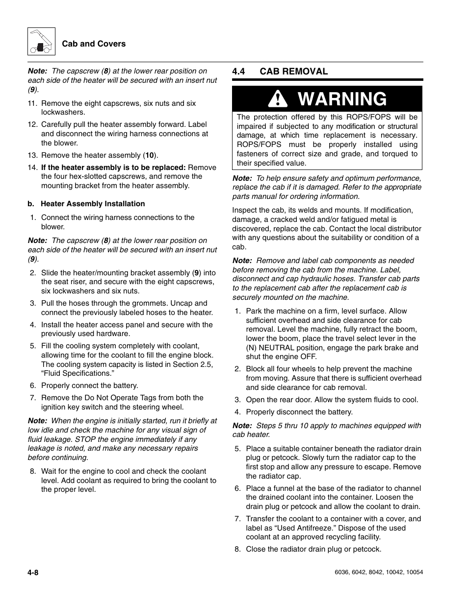 4 cab removal, Cab removal, Warning | SkyTrak 6036 Service Manual User Manual | Page 102 / 276