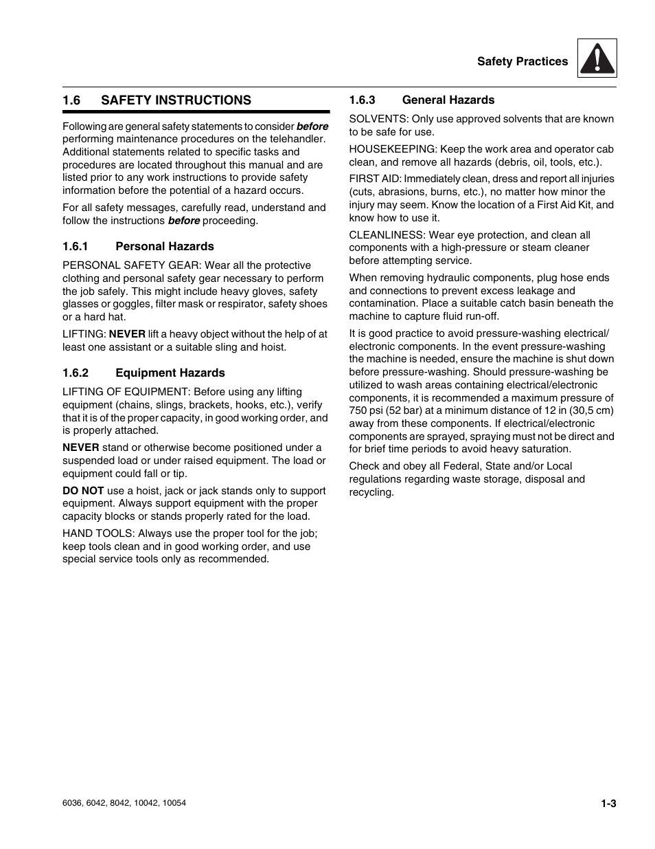 6 safety instructions, 1 personal hazards, 2 equipment hazards | 3 general hazards, Safety instructions, Personal hazards, Equipment hazards, General hazards | SkyTrak 6036 Service Manual User Manual | Page 11 / 276