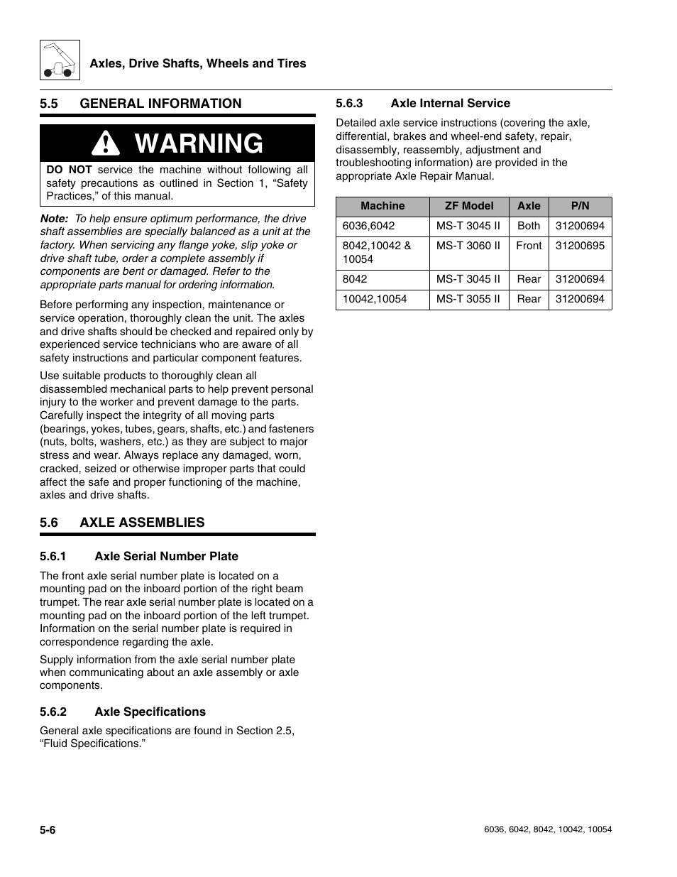 5 general information, 6 axle assemblies, 1 axle serial number plate | 2 axle specifications, 3 axle internal service, General information, Axle assemblies, Axle serial number plate, Axle specifications, Axle internal service | SkyTrak 6036 Service Manual User Manual | Page 112 / 276