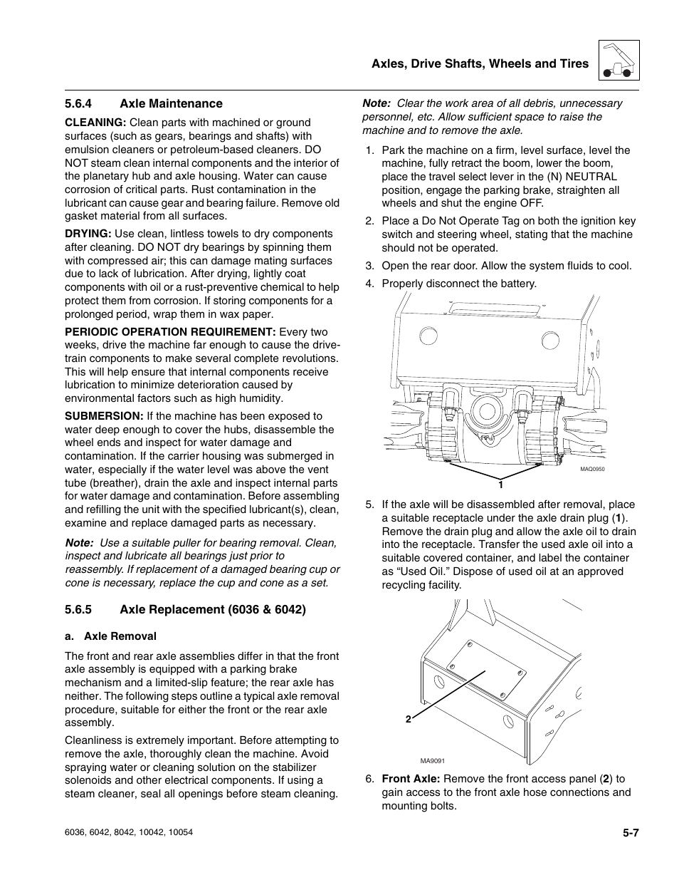 4 axle maintenance, 5 axle replacement (6036 & 6042), Axle maintenance | Axle replacement (6036 & 6042) | SkyTrak 6036 Service Manual User Manual | Page 113 / 276