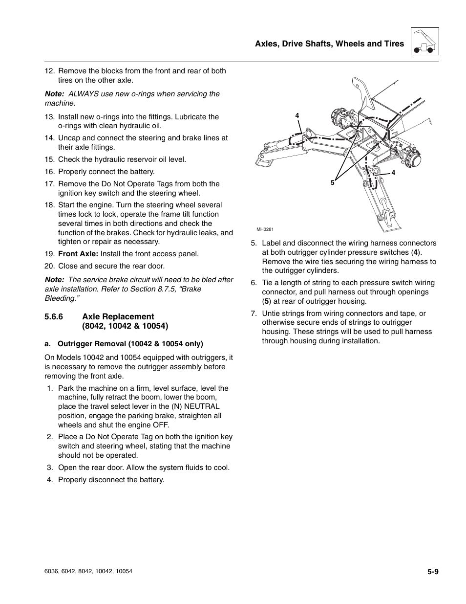 6 axle replacement (8042, 10042 & 10054), Axle replacement (8042, 10042 & 10054) | SkyTrak 6036 Service Manual User Manual | Page 115 / 276