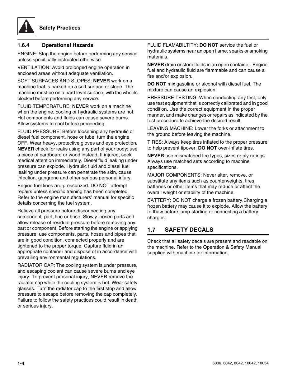4 operational hazards, 7 safety decals, Safety decals | Operational hazards | SkyTrak 6036 Service Manual User Manual | Page 12 / 276