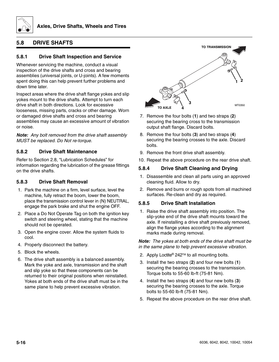 8 drive shafts, 1 drive shaft inspection and service, 2 drive shaft maintenance | 3 drive shaft removal, 4 drive shaft cleaning and drying, 5 drive shaft installation, Drive shafts, Drive shaft inspection and service, Drive shaft maintenance, Drive shaft removal | SkyTrak 6036 Service Manual User Manual | Page 122 / 276