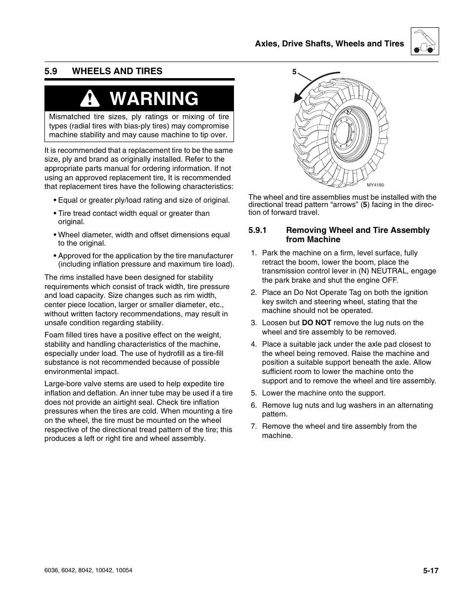 9 wheels and tires, 1 removing wheel and tire assembly from machine, Wheels and tires | Removing wheel and tire assembly from machine, Warning | SkyTrak 6036 Service Manual User Manual | Page 123 / 276