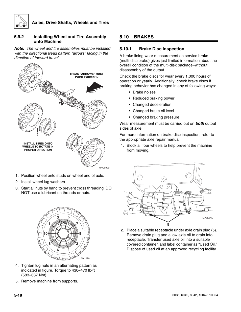 2 installing wheel and tire assembly onto machine, 10 brakes, 1 brake disc inspection | Brakes, Installing wheel and tire assembly onto machine, Brake disc inspection, Section 5.10.1, “brake disc inspection | SkyTrak 6036 Service Manual User Manual | Page 124 / 276