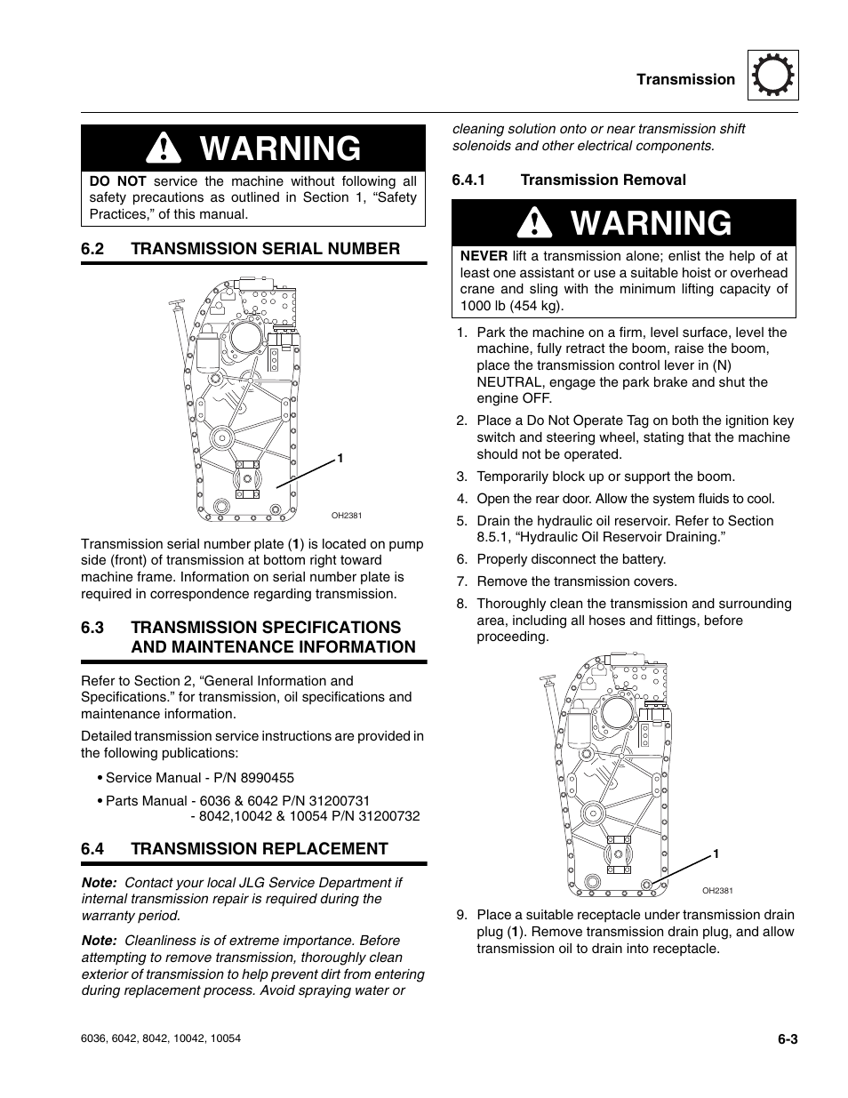 2 transmission serial number, 4 transmission replacement, 1 transmission removal | Transmission serial number, Transmission replacement, Transmission removal, Warning | SkyTrak 6036 Service Manual User Manual | Page 129 / 276