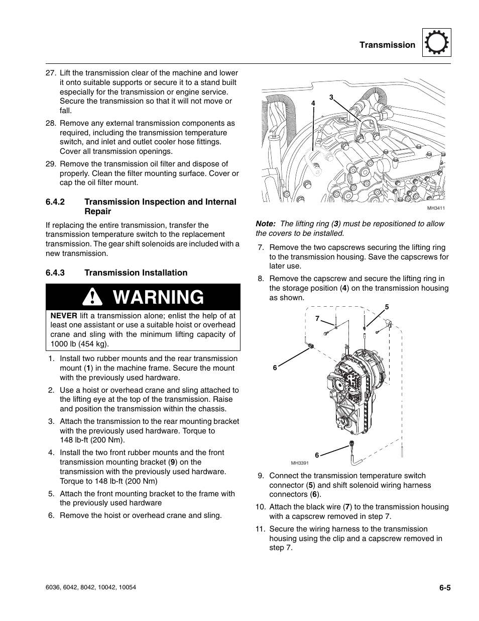 2 transmission inspection and internal repair, 3 transmission installation, Transmission inspection and internal repair | Transmission installation, Warning | SkyTrak 6036 Service Manual User Manual | Page 131 / 276