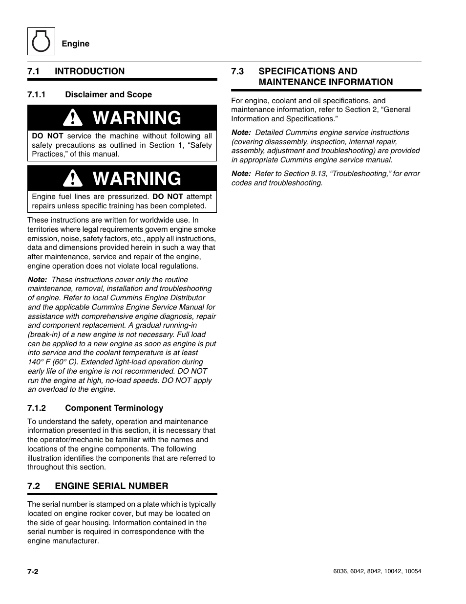 1 introduction, 1 disclaimer and scope, 2 component terminology | 2 engine serial number, 3 specifications and maintenance information, Introduction, Engine serial number, Specifications and maintenance information, Disclaimer and scope, Component terminology | SkyTrak 6036 Service Manual User Manual | Page 138 / 276