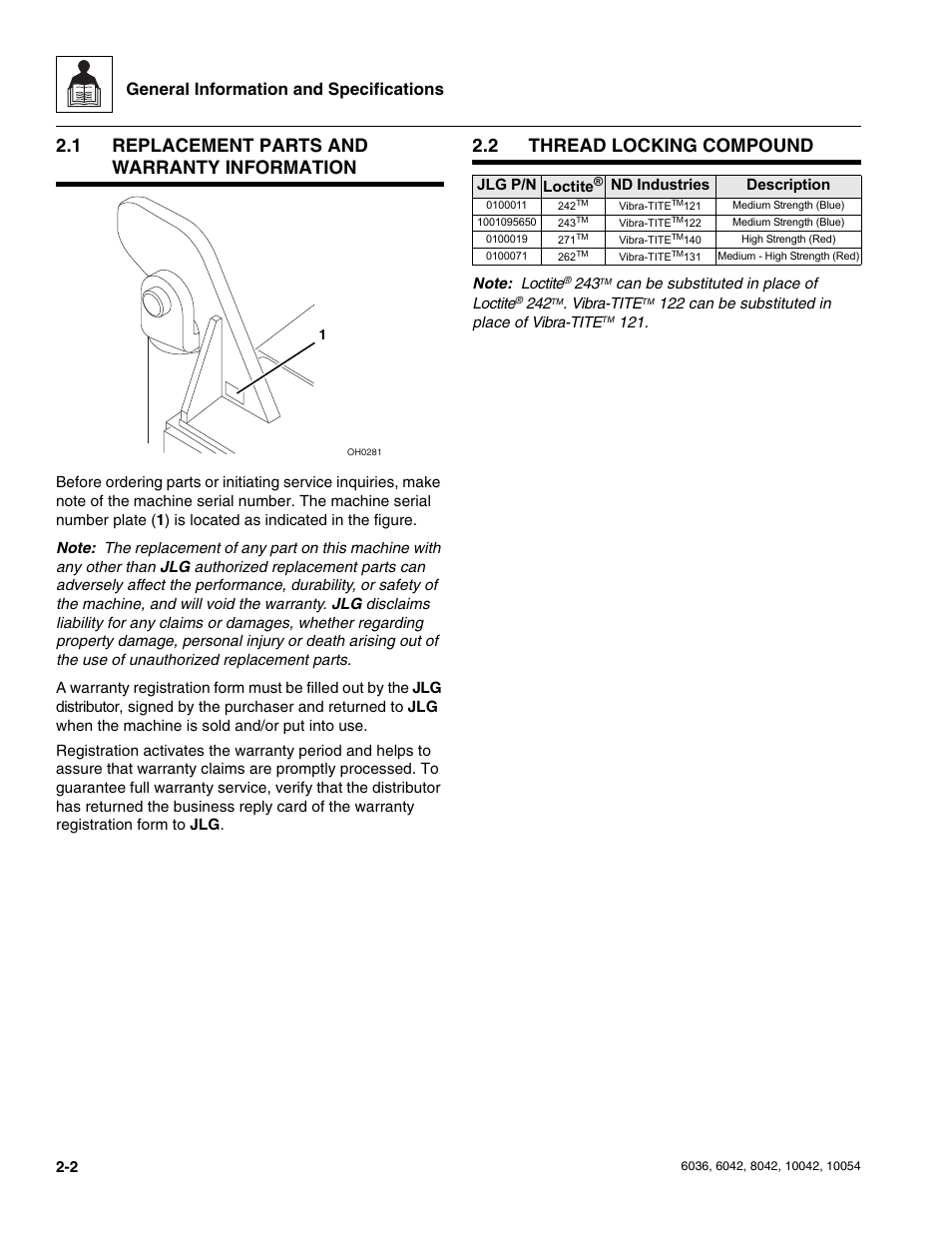 1 replacement parts and warranty information, 2 thread locking compound, Replacement parts and warranty information | Thread locking compound, General information and specifications | SkyTrak 6036 Service Manual User Manual | Page 14 / 276