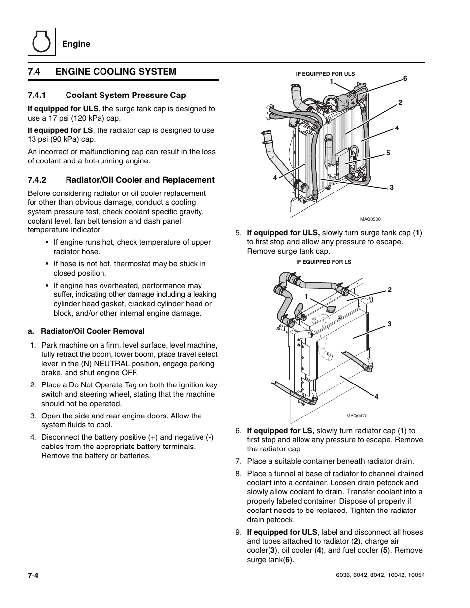 4 engine cooling system, 1 coolant system pressure cap, 2 radiator/oil cooler and replacement | Engine cooling system, Coolant system pressure cap, Radiator/oil cooler and replacement | SkyTrak 6036 Service Manual User Manual | Page 140 / 276
