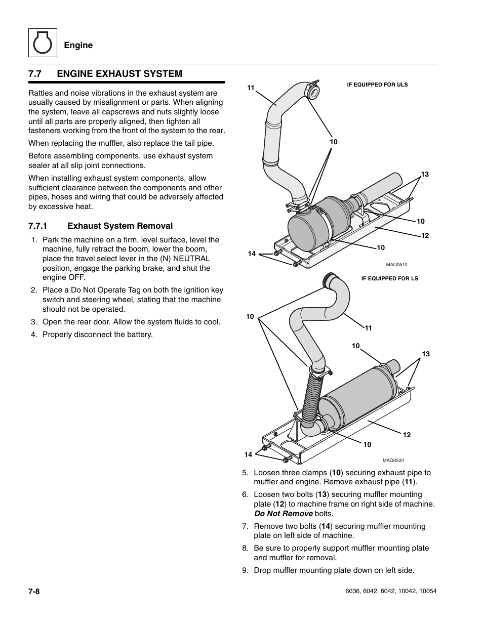 7 engine exhaust system, 1 exhaust system removal, Engine exhaust system | Exhaust system removal | SkyTrak 6036 Service Manual User Manual | Page 144 / 276