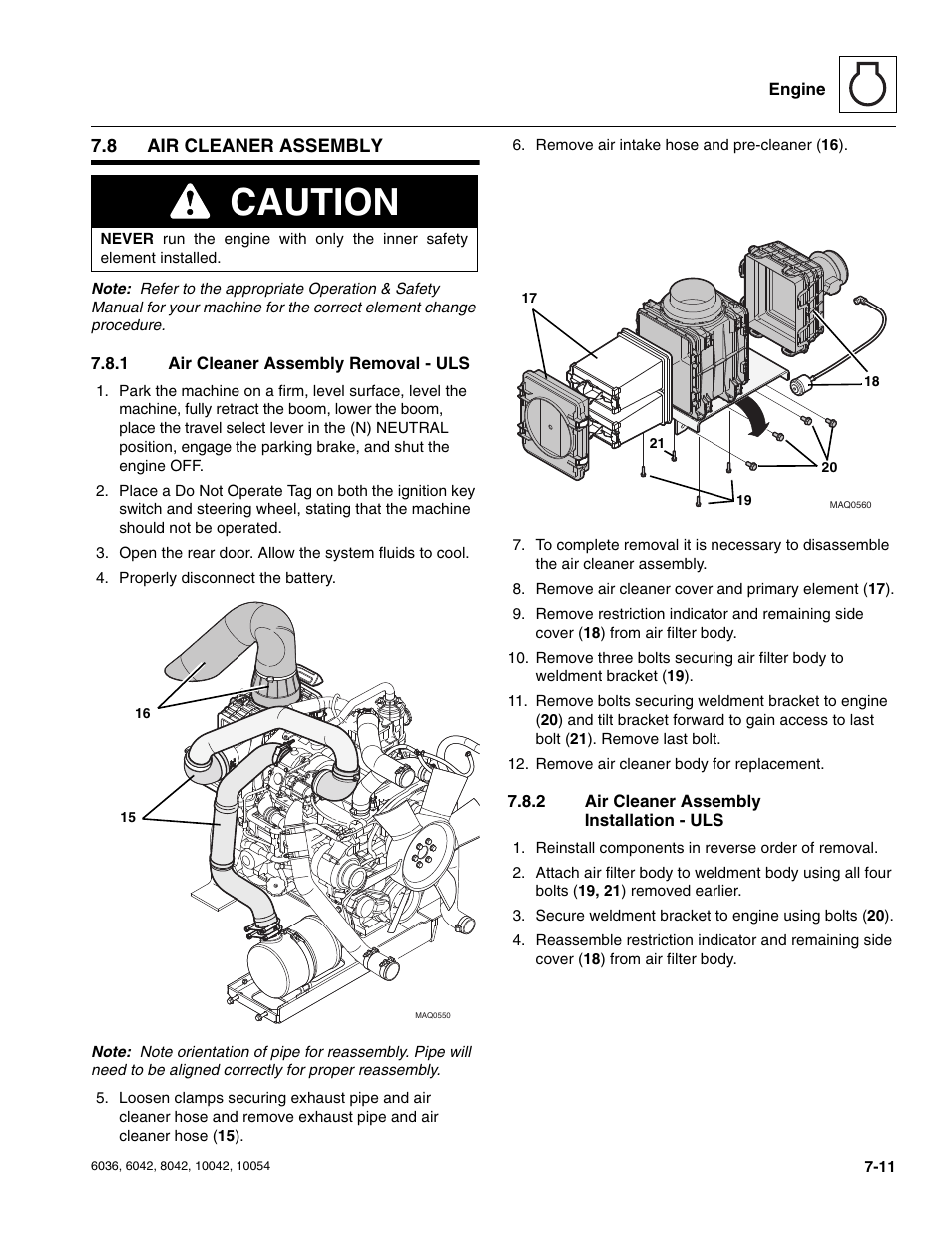 8 air cleaner assembly, 1 air cleaner assembly removal - uls, 2 air cleaner assembly installation - uls | Air cleaner assembly, Air cleaner assembly removal - uls, Air cleaner assembly installation - uls, Caution | SkyTrak 6036 Service Manual User Manual | Page 147 / 276
