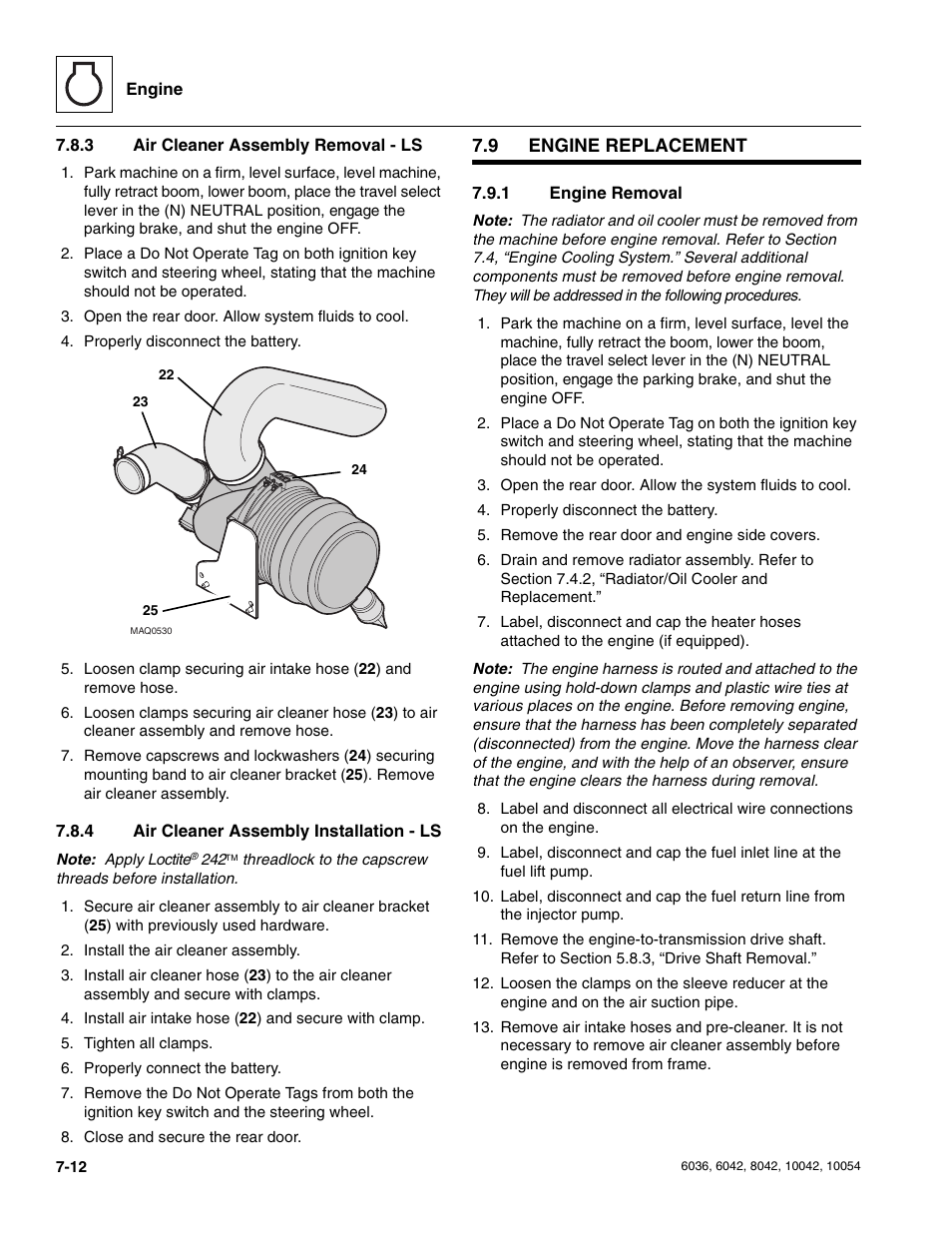 3 air cleaner assembly removal - ls, 4 air cleaner assembly installation - ls, 9 engine replacement | 1 engine removal, Engine replacement, Air cleaner assembly removal - ls, Air cleaner assembly installation - ls, Engine removal | SkyTrak 6036 Service Manual User Manual | Page 148 / 276