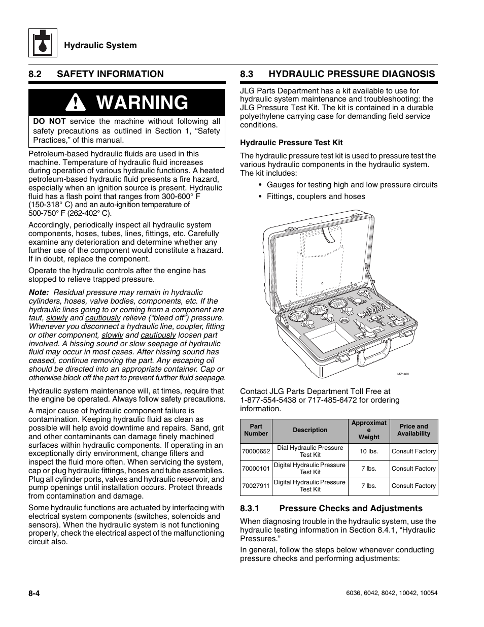 2 safety information, 3 hydraulic pressure diagnosis, 1 pressure checks and adjustments | Safety information, Hydraulic pressure diagnosis, Pressure checks and adjustments, Warning | SkyTrak 6036 Service Manual User Manual | Page 156 / 276