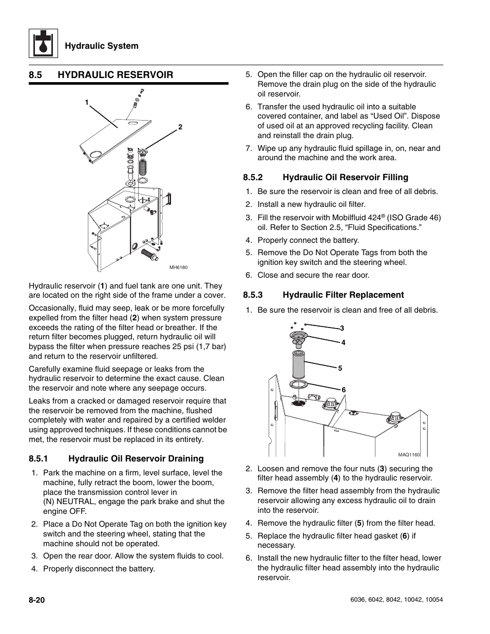 5 hydraulic reservoir, 1 hydraulic oil reservoir draining, 2 hydraulic oil reservoir filling | 3 hydraulic filter replacement, Hydraulic reservoir, Section, 1, “hydraulic oil reservoir draining, Hydraulic oil reservoir draining, Hydraulic oil reservoir filling, Hydraulic filter replacement | SkyTrak 6036 Service Manual User Manual | Page 172 / 276