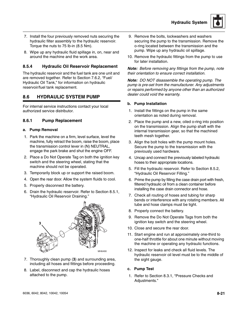4 hydraulic oil reservoir replacement, 6 hydraulic system pump, 1 pump replacement | Hydraulic system pump, Hydraulic oil reservoir replacement, Pump replacement | SkyTrak 6036 Service Manual User Manual | Page 173 / 276