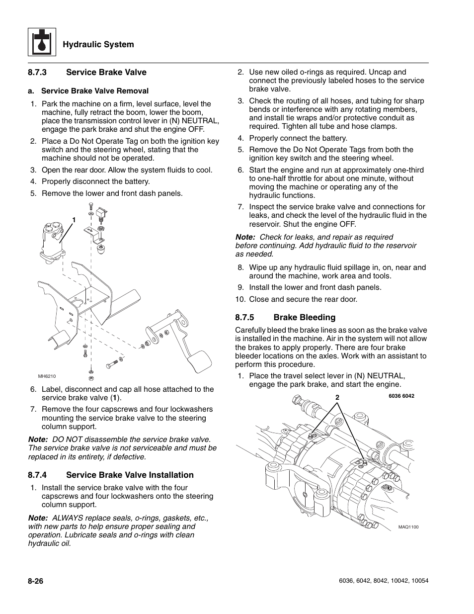 3 service brake valve, 4 service brake valve installation, 5 brake bleeding | Section 8.7.5, “brake bleeding, Service brake valve, Brake bleeding | SkyTrak 6036 Service Manual User Manual | Page 178 / 276