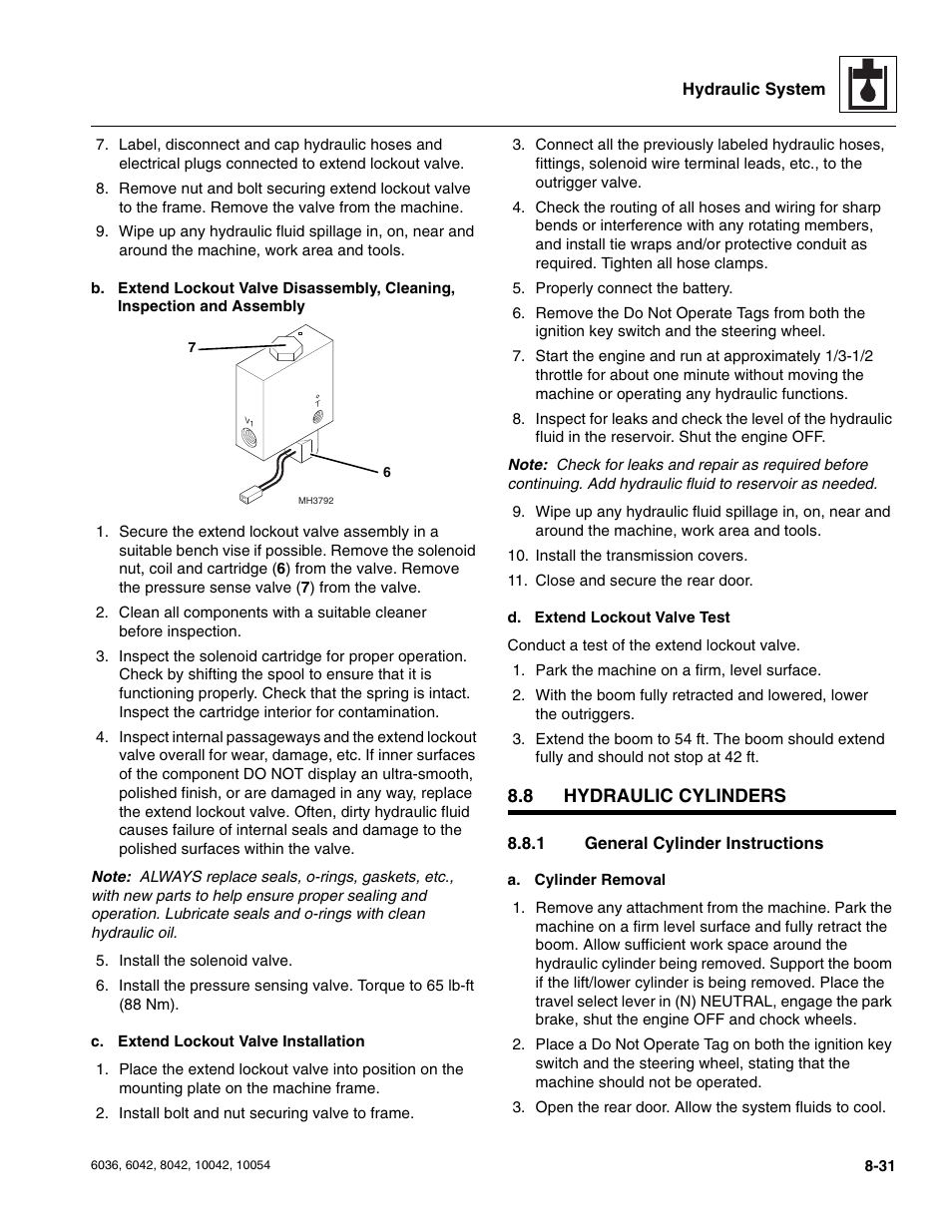 8 hydraulic cylinders, 1 general cylinder instructions, Hydraulic cylinders | Section, 1, “general cylinder instructions, 8, “hydraulic cylinders, Osection, Section 8.8.1, “general cylinder instructions, General cylinder instructions | SkyTrak 6036 Service Manual User Manual | Page 183 / 276