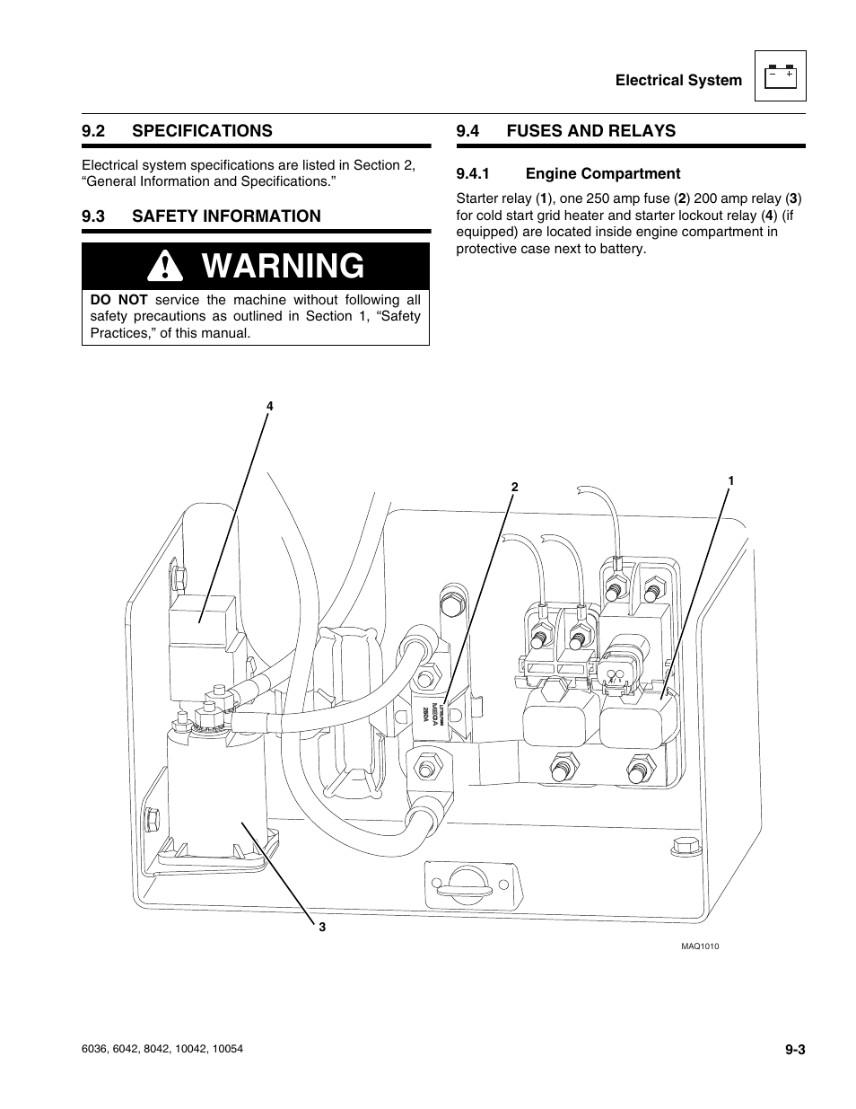 2 specifications, 3 safety information, 4 fuses and relays | 1 engine compartment, Specifications, Safety information, Fuses and relays, Engine compartment, Warning | SkyTrak 6036 Service Manual User Manual | Page 191 / 276