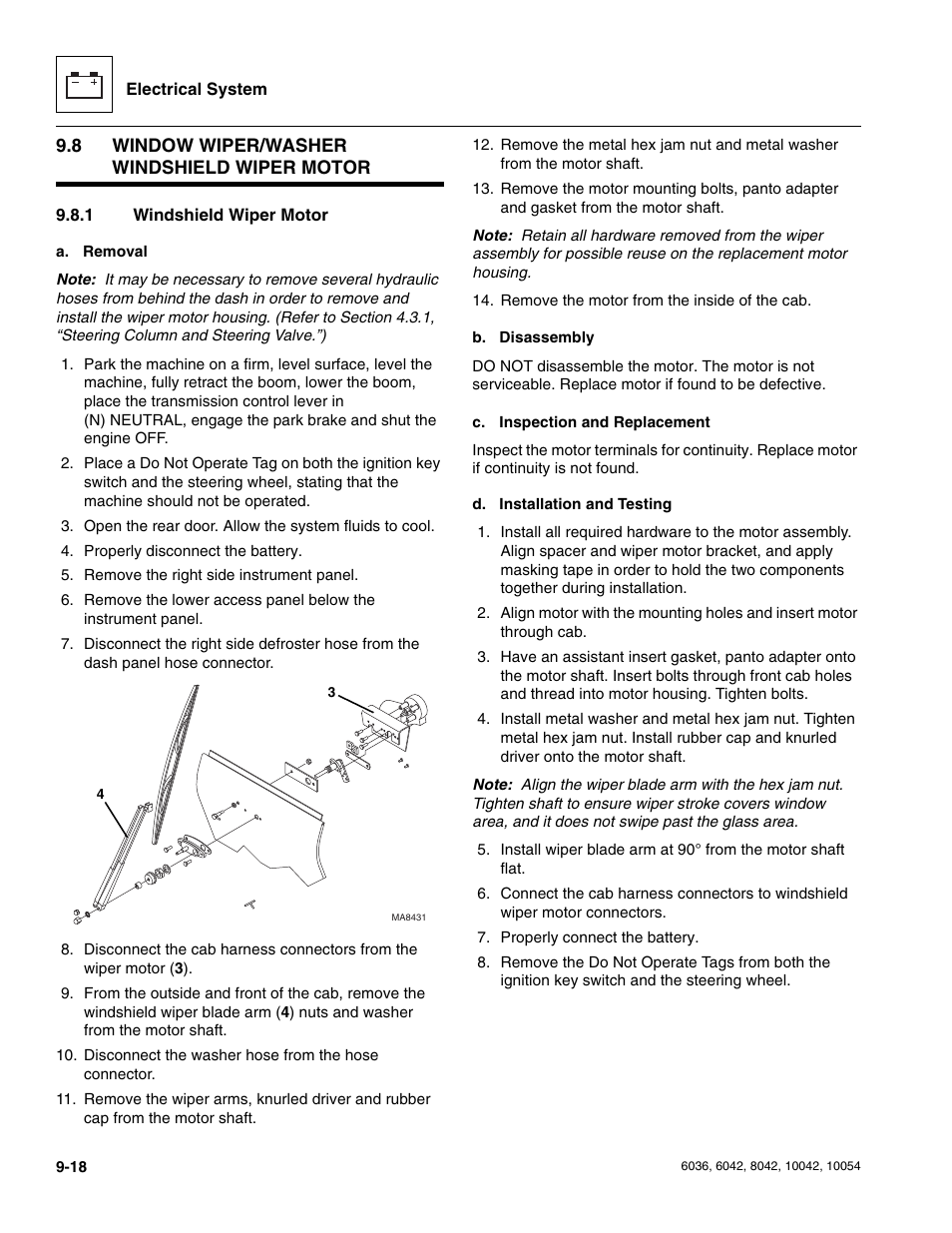 8 window wiper/washer windshield wiper motor, 1 windshield wiper motor, Window wiper/washer windshield wiper motor | Windshield wiper motor | SkyTrak 6036 Service Manual User Manual | Page 206 / 276