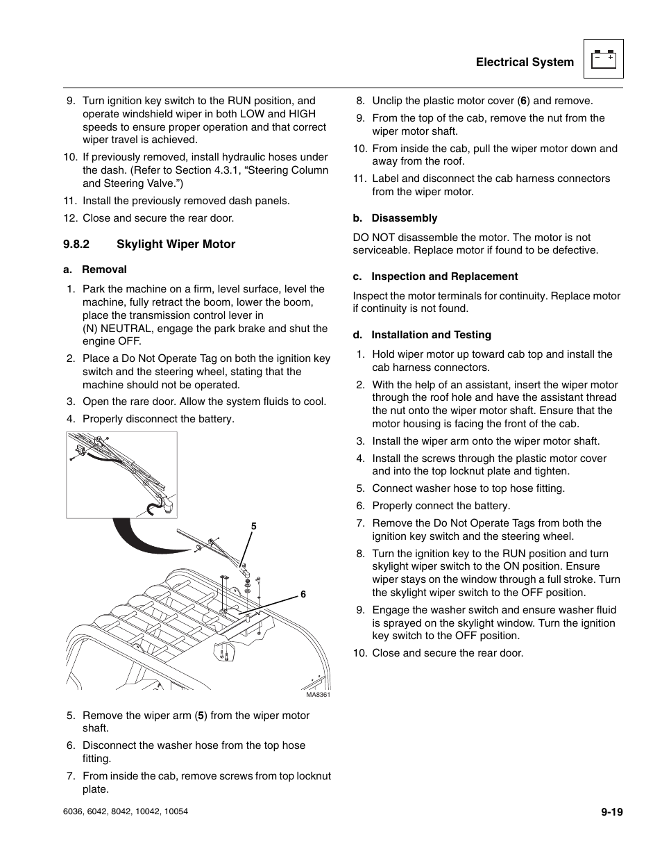 2 skylight wiper motor, Skylight wiper motor | SkyTrak 6036 Service Manual User Manual | Page 207 / 276