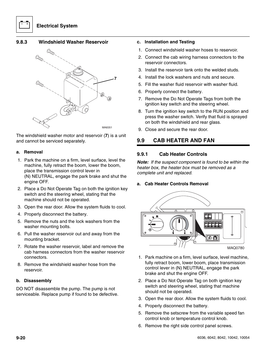 3 windshield washer reservoir, 9 cab heater and fan, 1 cab heater controls | Cab heater and fan, Windshield washer reservoir, Cab heater controls | SkyTrak 6036 Service Manual User Manual | Page 208 / 276