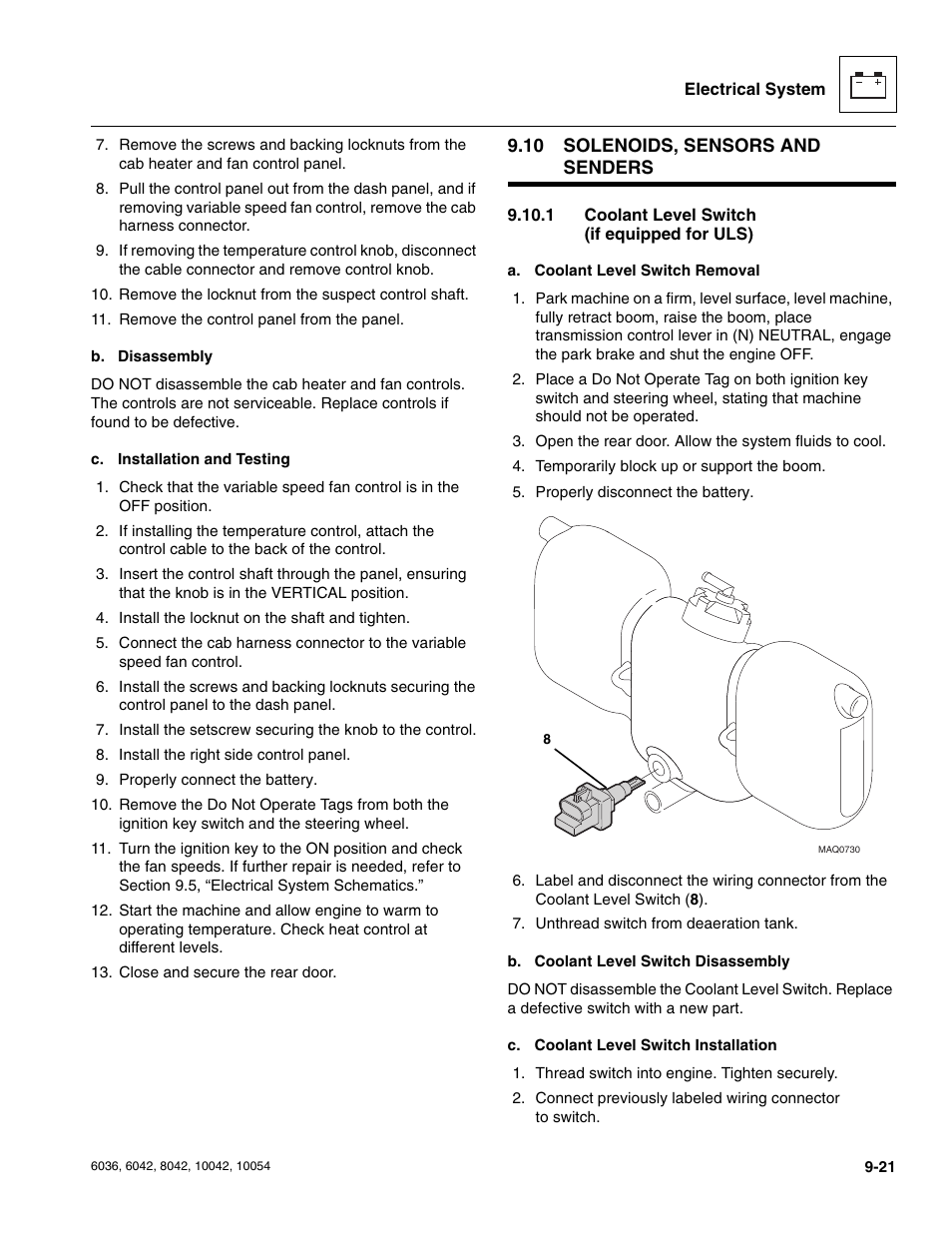 10 solenoids, sensors and senders, 1 coolant level switch (if equipped for uls), Solenoids, sensors and senders | Coolant level switch (if equipped for uls) | SkyTrak 6036 Service Manual User Manual | Page 209 / 276