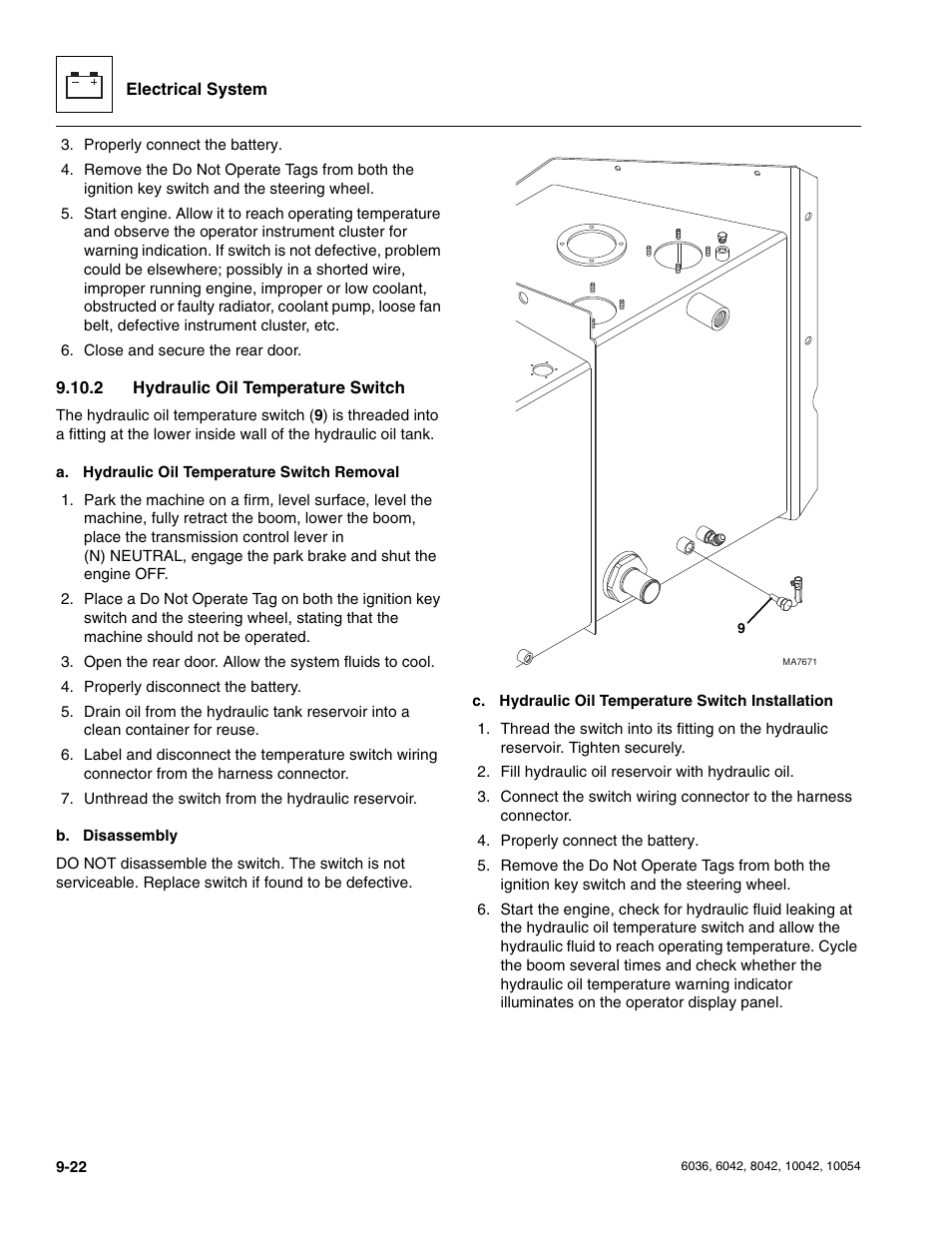 2 hydraulic oil temperature switch, Hydraulic oil temperature switch | SkyTrak 6036 Service Manual User Manual | Page 210 / 276