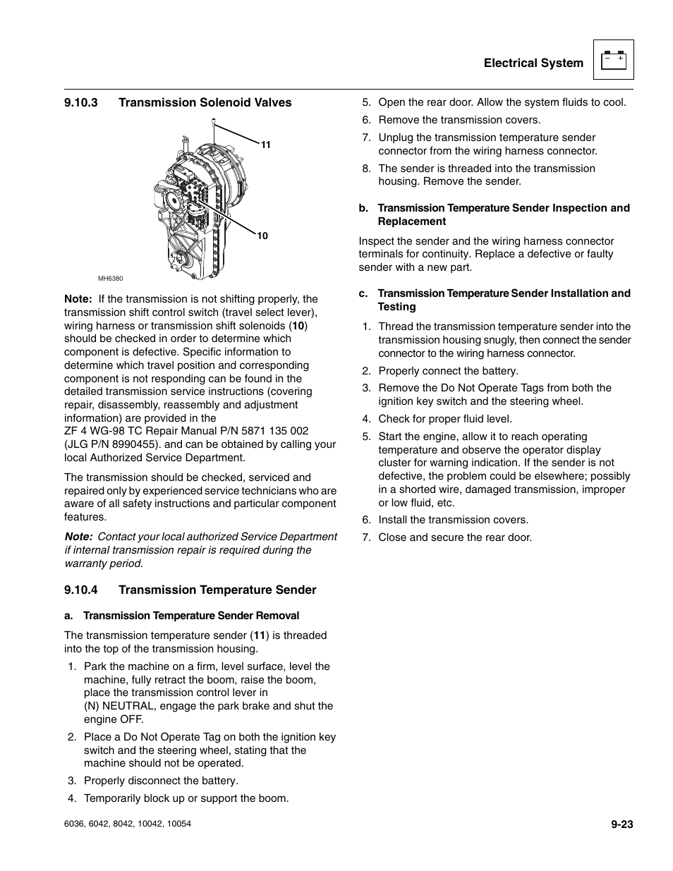 3 transmission solenoid valves, 4 transmission temperature sender, Section 9.10.3 | Transmission solenoid valves, Transmission temperature sender | SkyTrak 6036 Service Manual User Manual | Page 211 / 276
