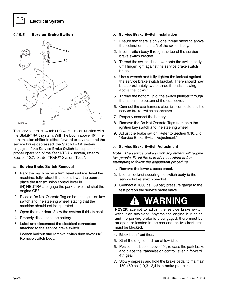 5 service brake switch, Service brake switch, Warning | SkyTrak 6036 Service Manual User Manual | Page 212 / 276