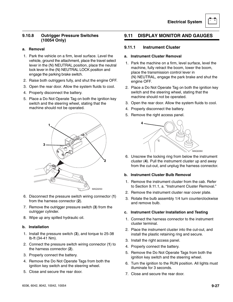 8 outrigger pressure switches (10054 only), 11 display monitor and gauges, 1 instrument cluster | Display monitor and gauges, Outrigger pressure switches (10054 only), Instrument cluster | SkyTrak 6036 Service Manual User Manual | Page 215 / 276