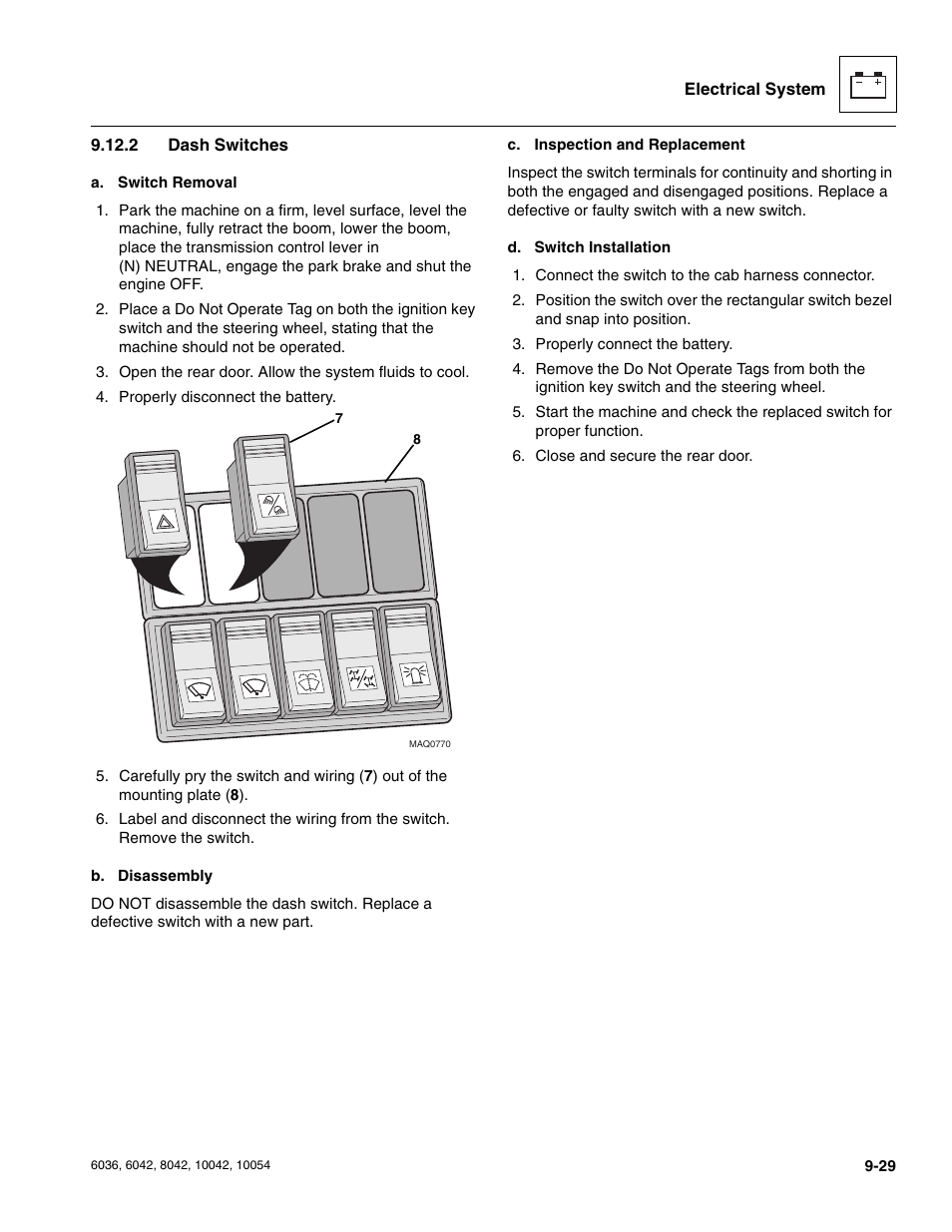 2 dash switches, Dash switches | SkyTrak 6036 Service Manual User Manual | Page 217 / 276