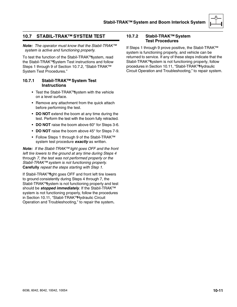 7 stabil-trak™ system test, 1 stabil-trak™ system test instructions, 2 stabil-trak™ system test procedures | Stabil-trak, System test, System test -11, System test instructions -11, System test procedures -11 | SkyTrak 6036 Service Manual User Manual | Page 239 / 276