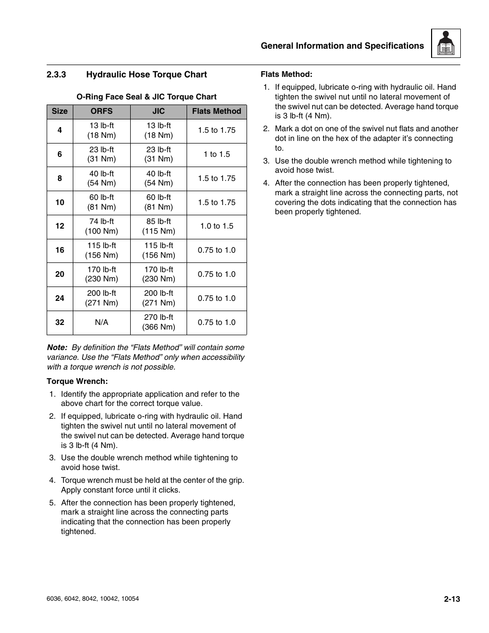 3 hydraulic hose torque chart, Hydraulic hose torque chart | SkyTrak 6036 Service Manual User Manual | Page 25 / 276
