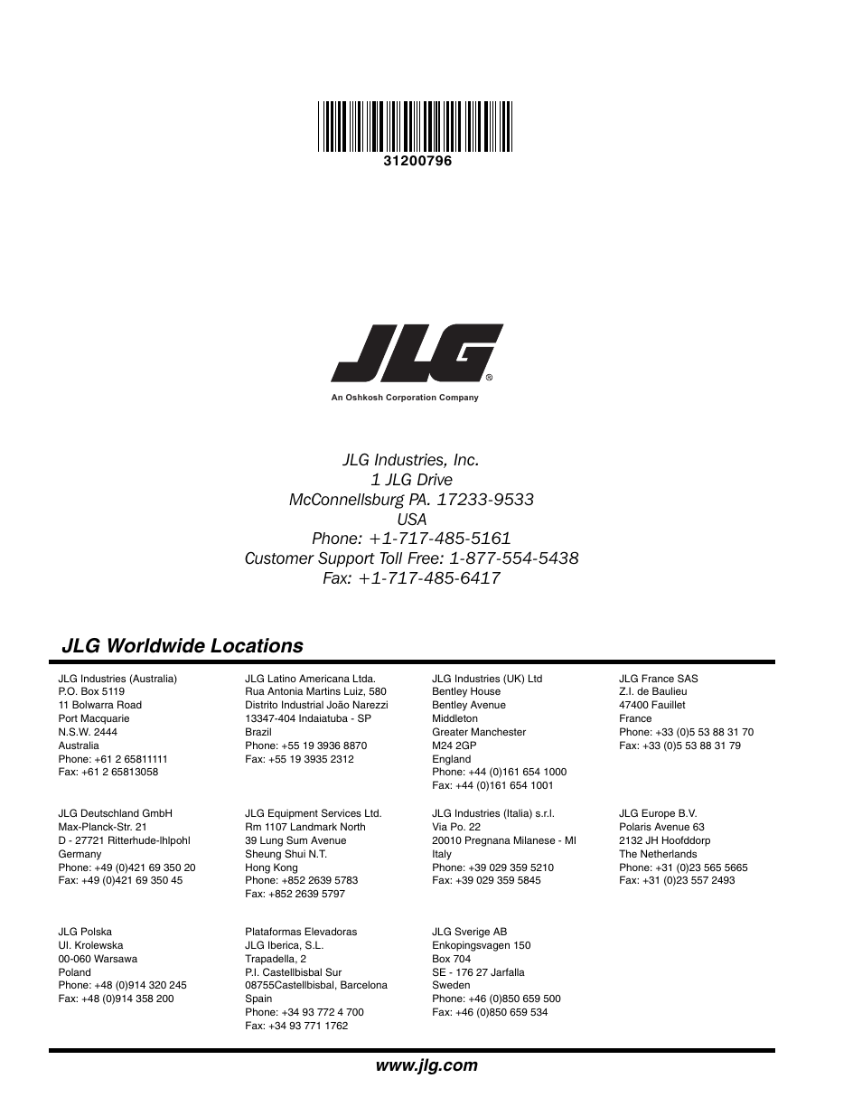 Jlg worldwide locations | SkyTrak 6036 Service Manual User Manual | Page 276 / 276