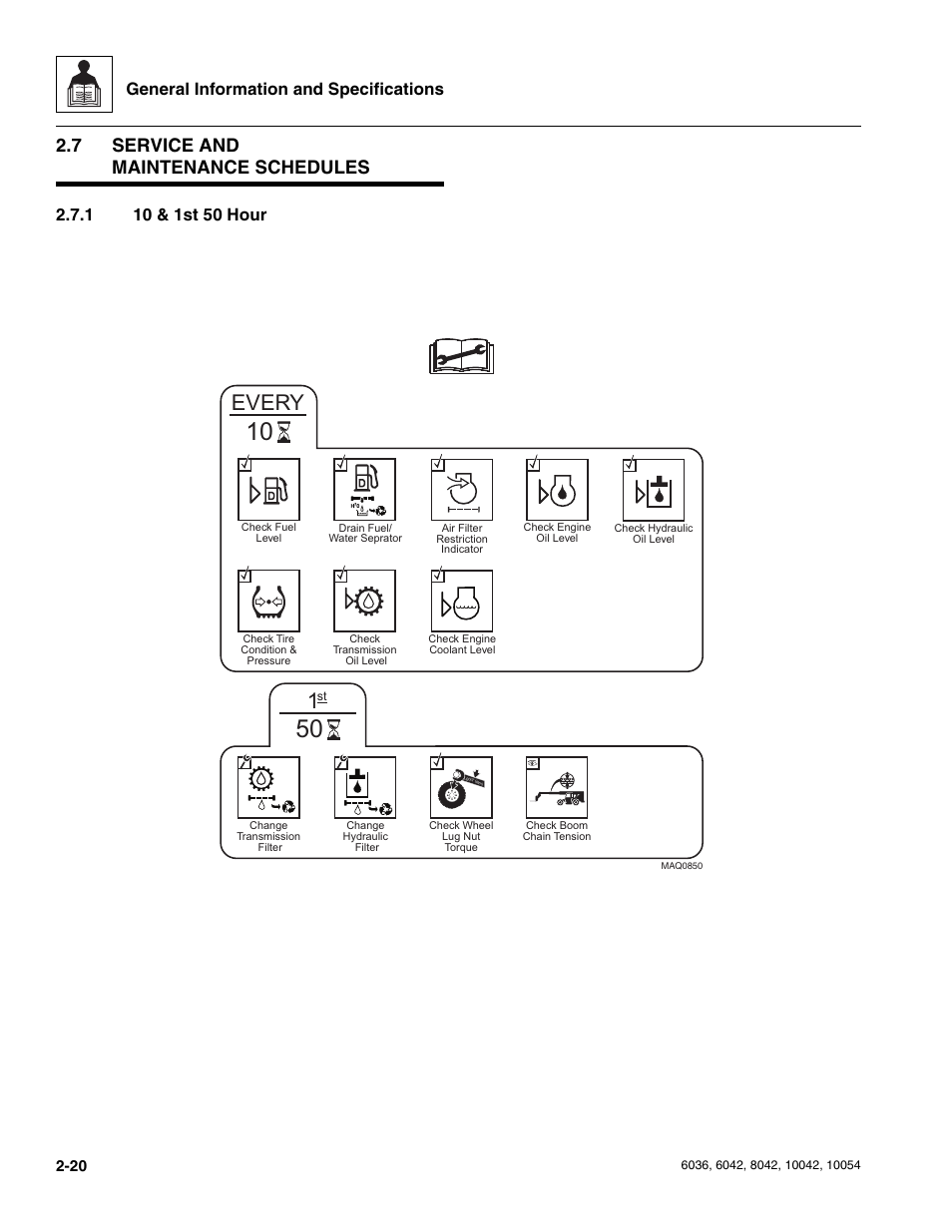 7 service and maintenance schedules, 1 10 & 1st 50 hour, Service and maintenance schedules | 10 & 1st 50 hour, Every, General information and specifications | SkyTrak 6036 Service Manual User Manual | Page 32 / 276
