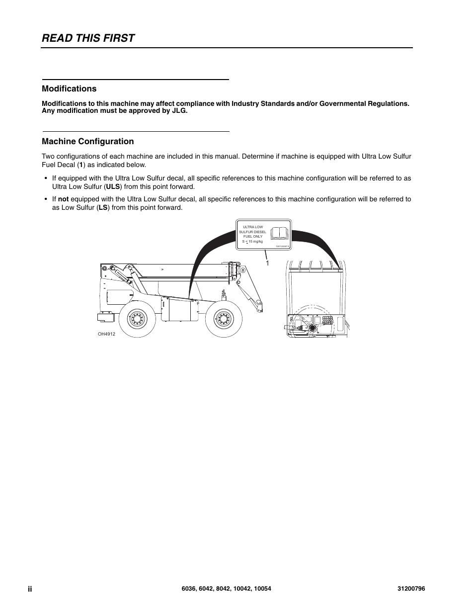 Read this first, Modifications, Machine configuration | SkyTrak 6036 Service Manual User Manual | Page 4 / 276