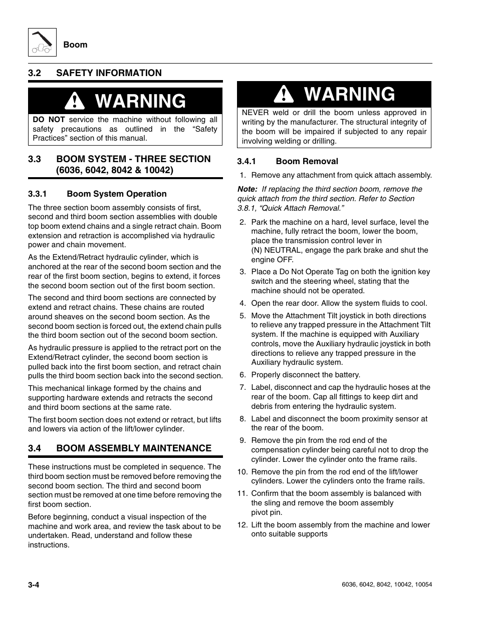 2 safety information, 1 boom system operation, 4 boom assembly maintenance | 1 boom removal, Safety information, Boom assembly maintenance, Boom system operation, Boom removal, Warning | SkyTrak 6036 Service Manual User Manual | Page 46 / 276