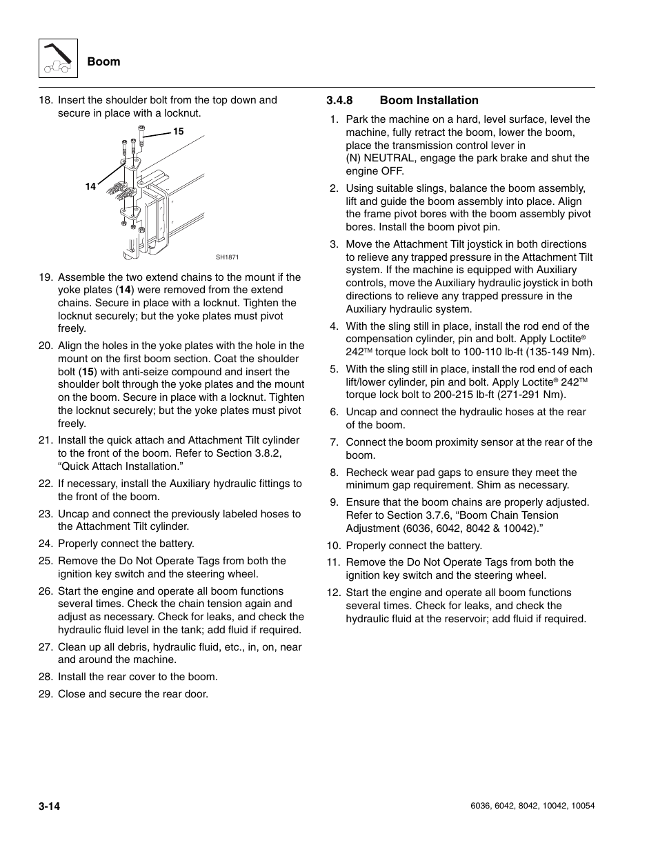 8 boom installation, Boom installation | SkyTrak 6036 Service Manual User Manual | Page 56 / 276