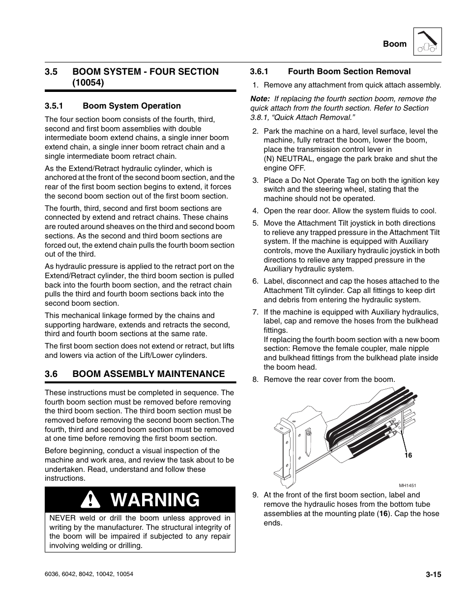 5 boom system - four section (10054), 1 boom system operation, 6 boom assembly maintenance | 1 fourth boom section removal, Boom system - four section (10054), Boom assembly maintenance, Boom system operation, Fourth boom section removal, Warning | SkyTrak 6036 Service Manual User Manual | Page 57 / 276
