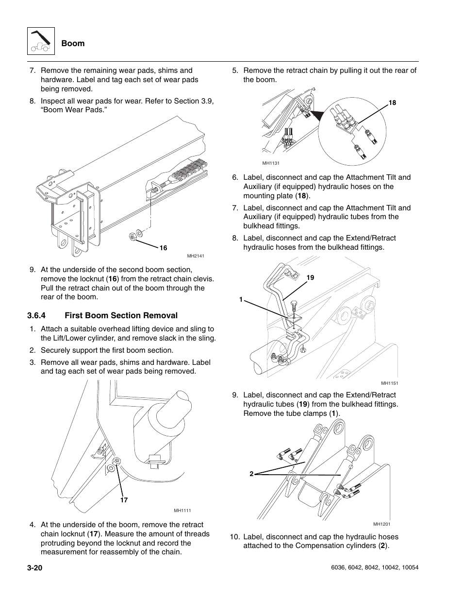 4 first boom section removal, First boom section removal | SkyTrak 6036 Service Manual User Manual | Page 62 / 276