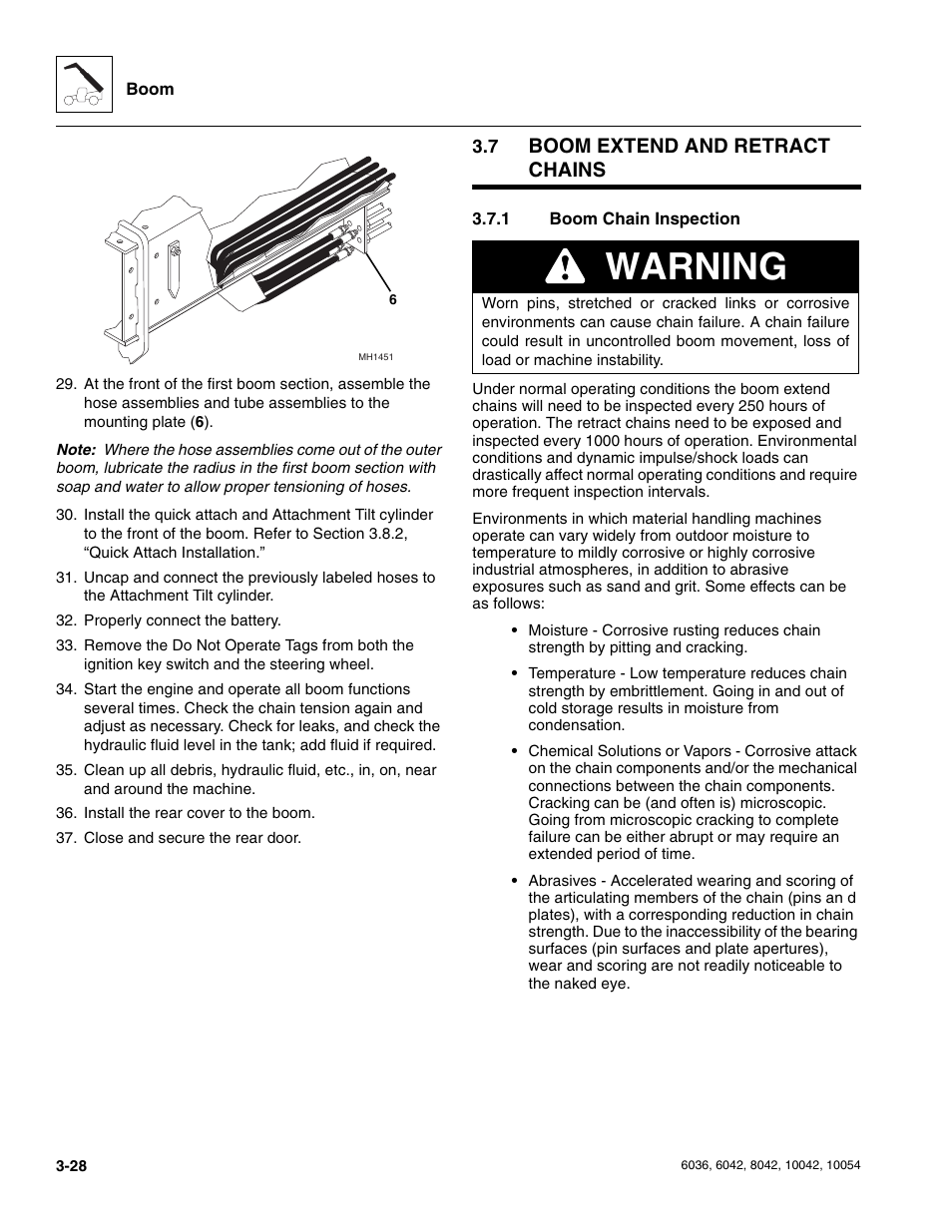 7 boom extend and retract chains, 1 boom chain inspection, Boom extend and retract chains | Boom chain inspection, Warning | SkyTrak 6036 Service Manual User Manual | Page 70 / 276